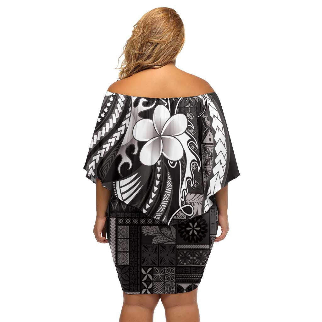 Samoa Siapo Tribal Pattern Family Matching Off Shoulder Short Dress and Hawaiian Shirt Black Polynesian Plumeria Tapa Motif LT9 - Polynesian Pride