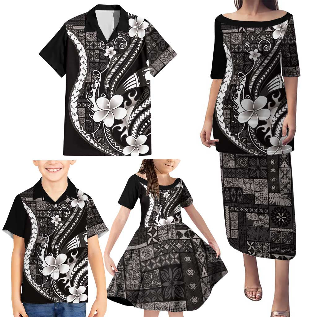 Samoa Siapo Tribal Pattern Family Matching Puletasi and Hawaiian Shirt Black Polynesian Plumeria Tapa Motif