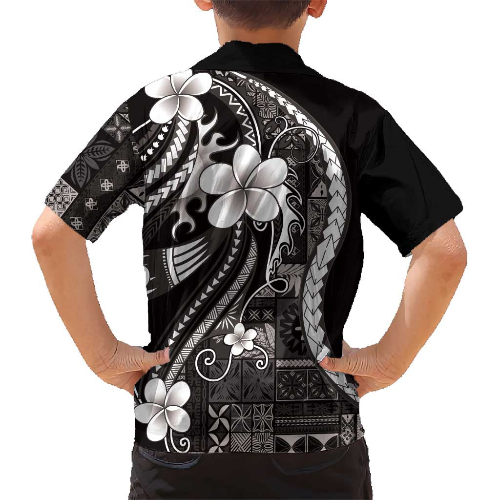 Samoa Siapo Tribal Pattern Kid Hawaiian Shirt Black Polynesian Plumeria Tapa Motif LT9 - Polynesian Pride