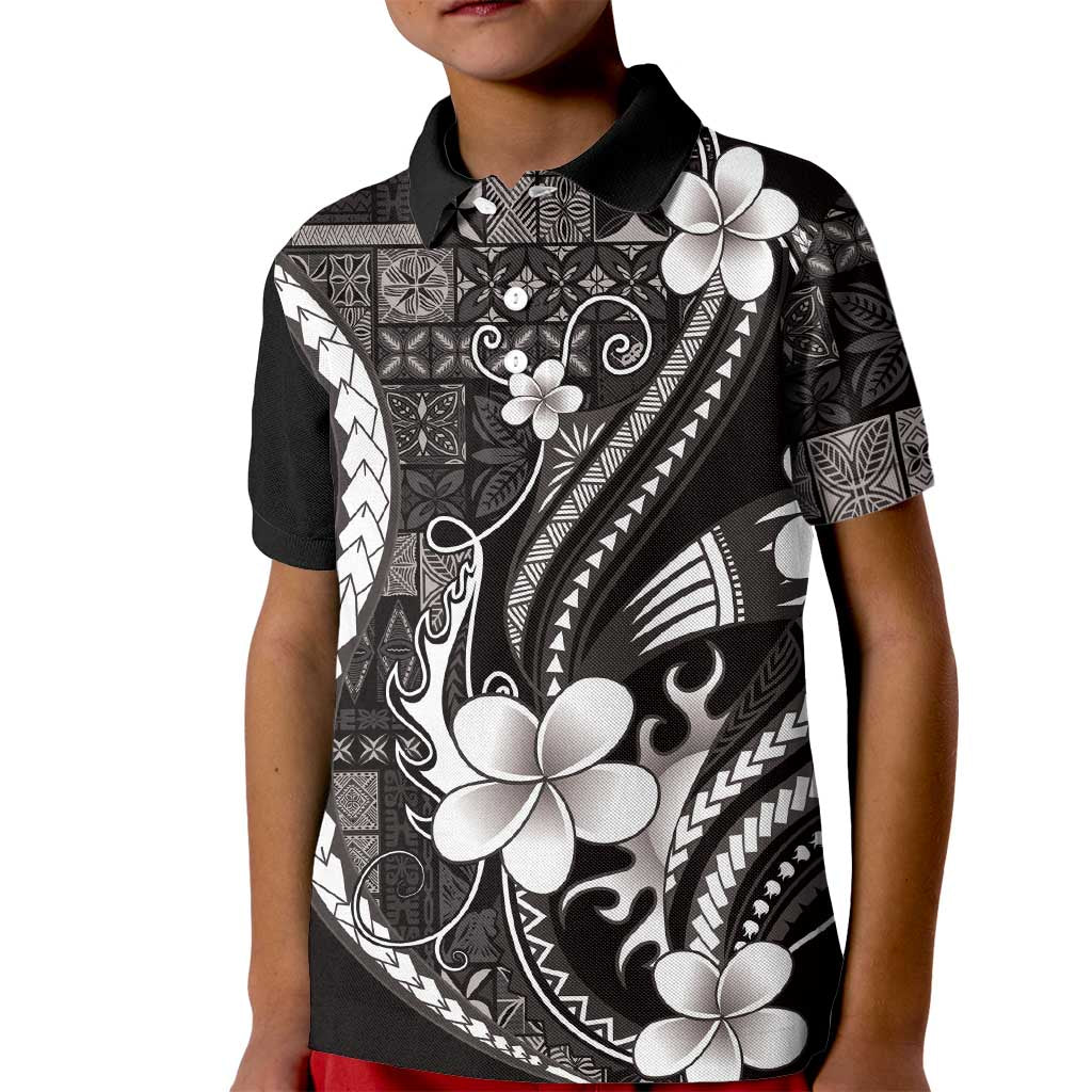 Samoa Siapo Tribal Pattern Kid Polo Shirt Black Polynesian Plumeria Tapa Motif