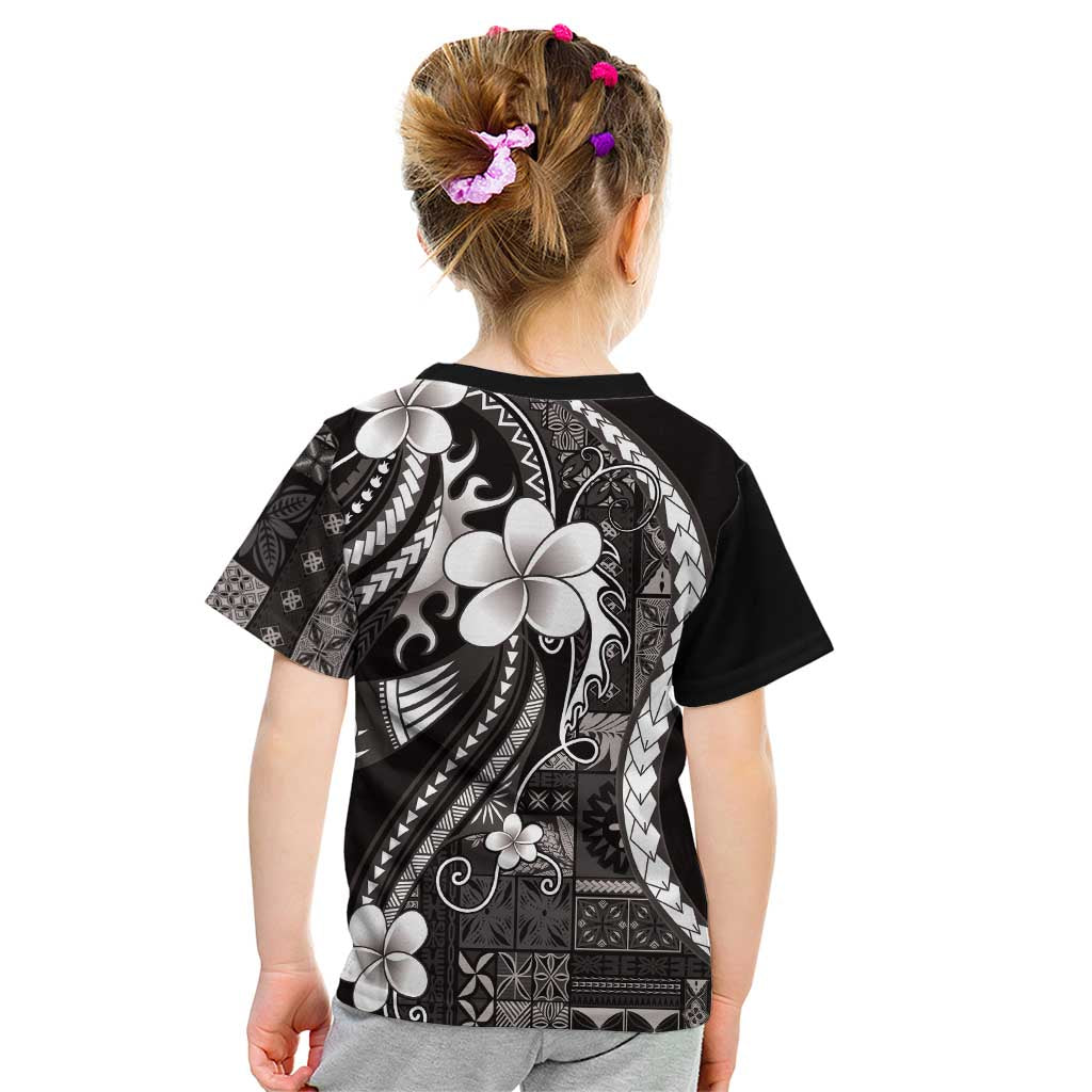 Samoa Siapo Tribal Pattern Kid T Shirt Black Polynesian Plumeria Tapa Motif