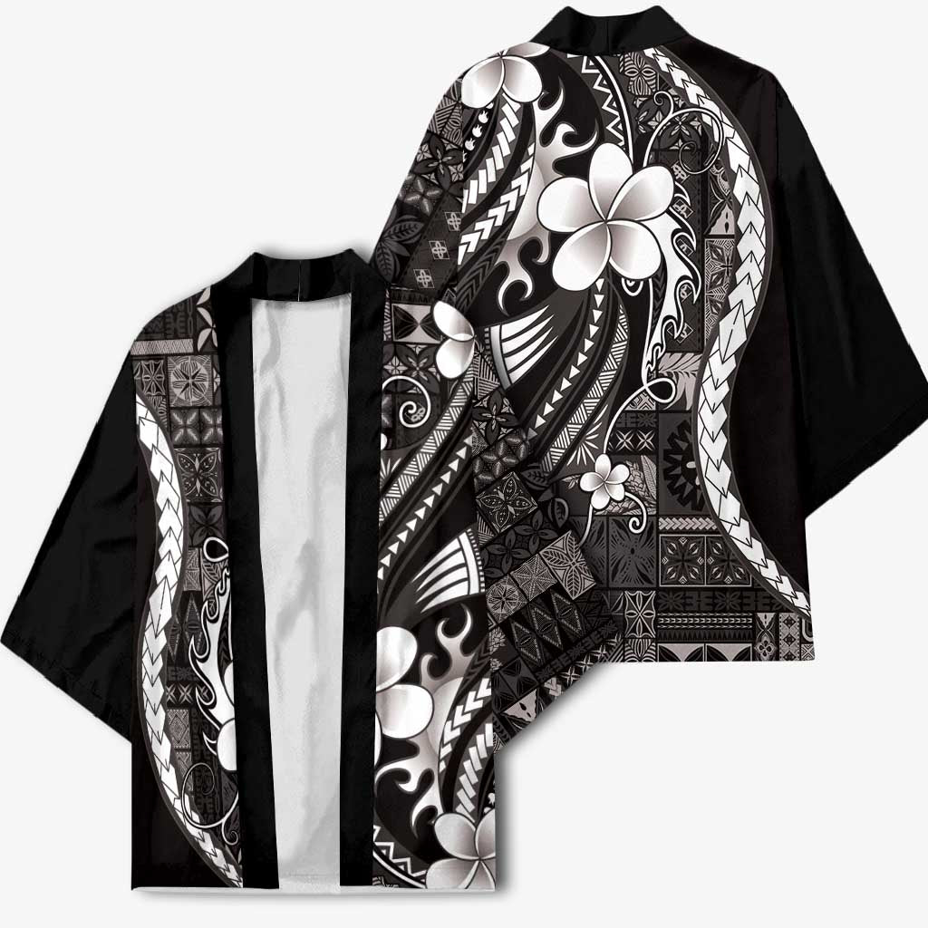 Samoa Siapo Tribal Pattern Kimono Black Polynesian Plumeria Tapa Motif