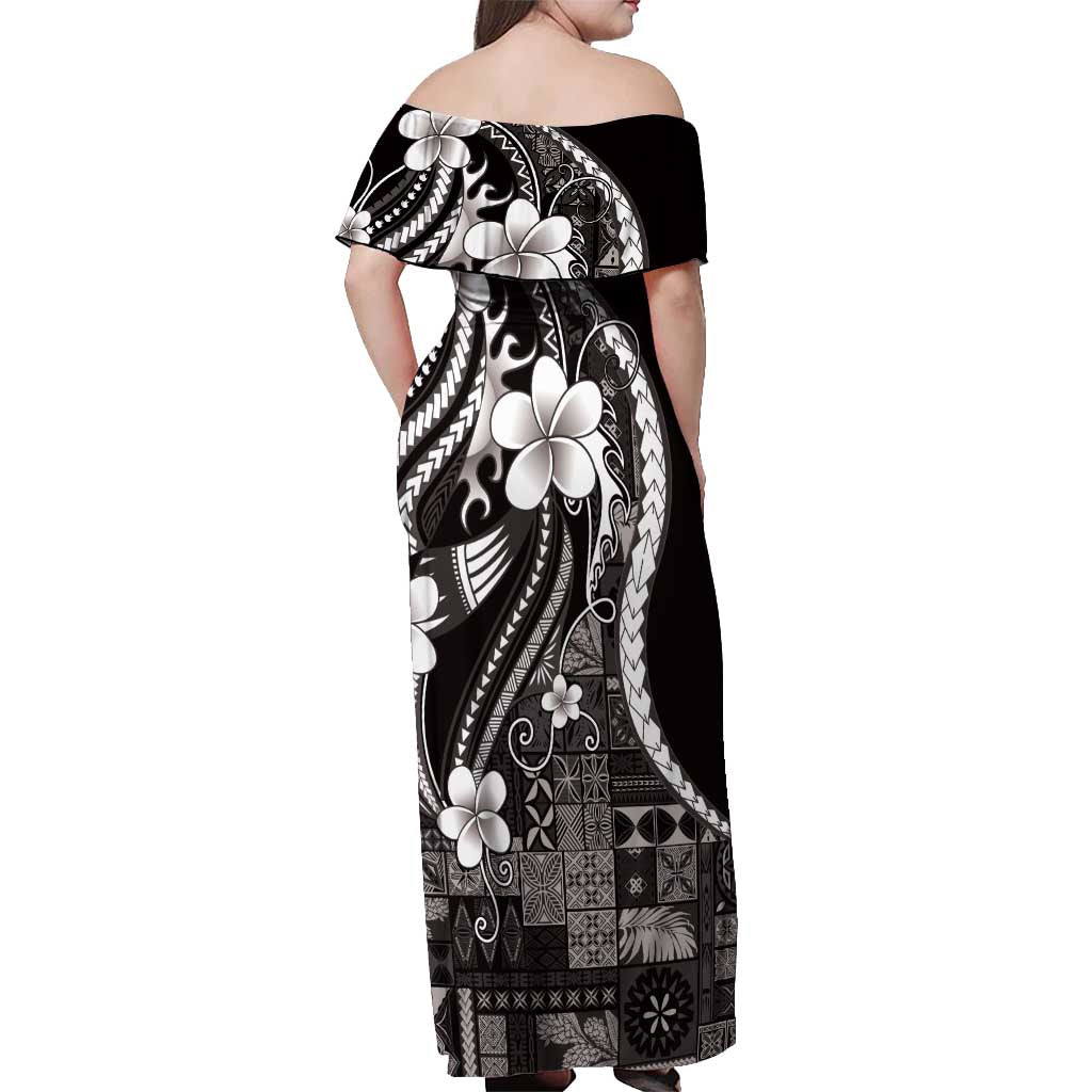 Samoa Siapo Tribal Pattern Off Shoulder Maxi Dress Black Polynesian Plumeria Tapa Motif