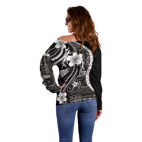 Samoa Siapo Tribal Pattern Off Shoulder Sweater Black Polynesian Plumeria Tapa Motif