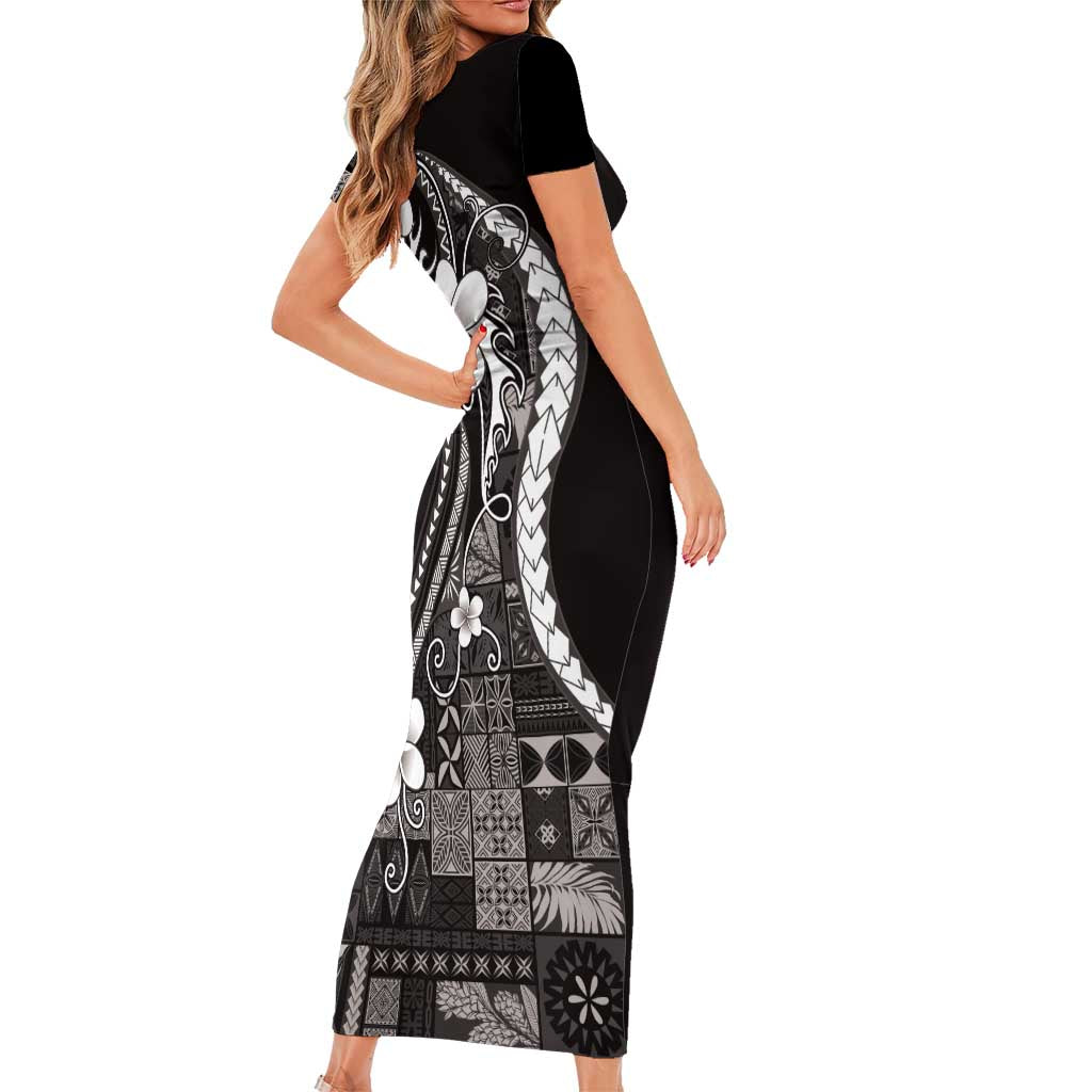 Samoa Siapo Tribal Pattern Short Sleeve Bodycon Dress Black Polynesian Plumeria Tapa Motif LT9 - Polynesian Pride