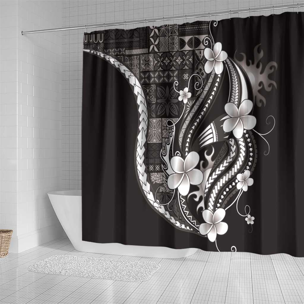 Samoa Siapo Tribal Pattern Shower Curtain Black Polynesian Plumeria Tapa Motif