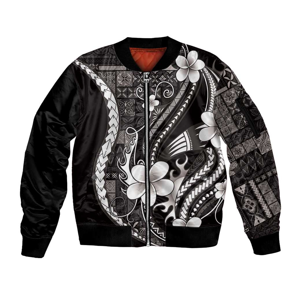 Samoa Siapo Tribal Pattern Sleeve Zip Bomber Jacket Black Polynesian Plumeria Tapa Motif