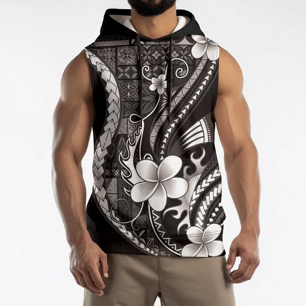 Samoa Siapo Tribal Pattern Sleeveless Hoodie Black Polynesian Plumeria Tapa Motif
