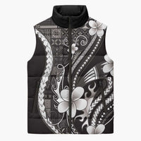 Samoa Siapo Tribal Pattern Sleeveless Puffer Jacket Black Polynesian Plumeria Tapa Motif