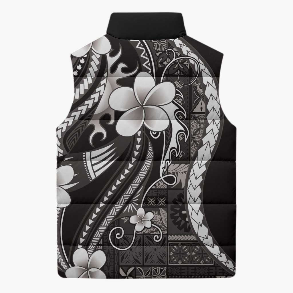 Samoa Siapo Tribal Pattern Sleeveless Puffer Jacket Black Polynesian Plumeria Tapa Motif