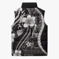 Samoa Siapo Tribal Pattern Sleeveless Puffer Jacket Black Polynesian Plumeria Tapa Motif