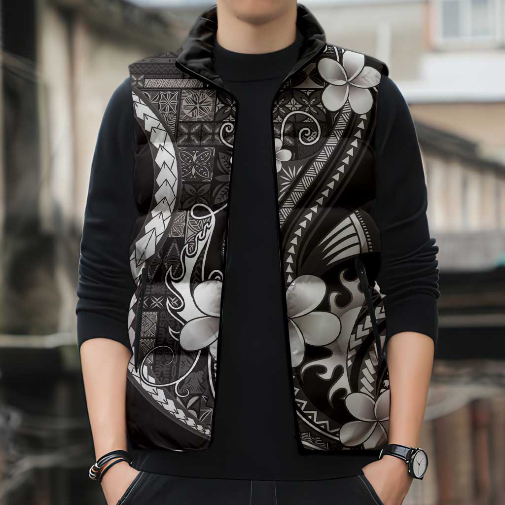 Samoa Siapo Tribal Pattern Sleeveless Puffer Jacket Black Polynesian Plumeria Tapa Motif
