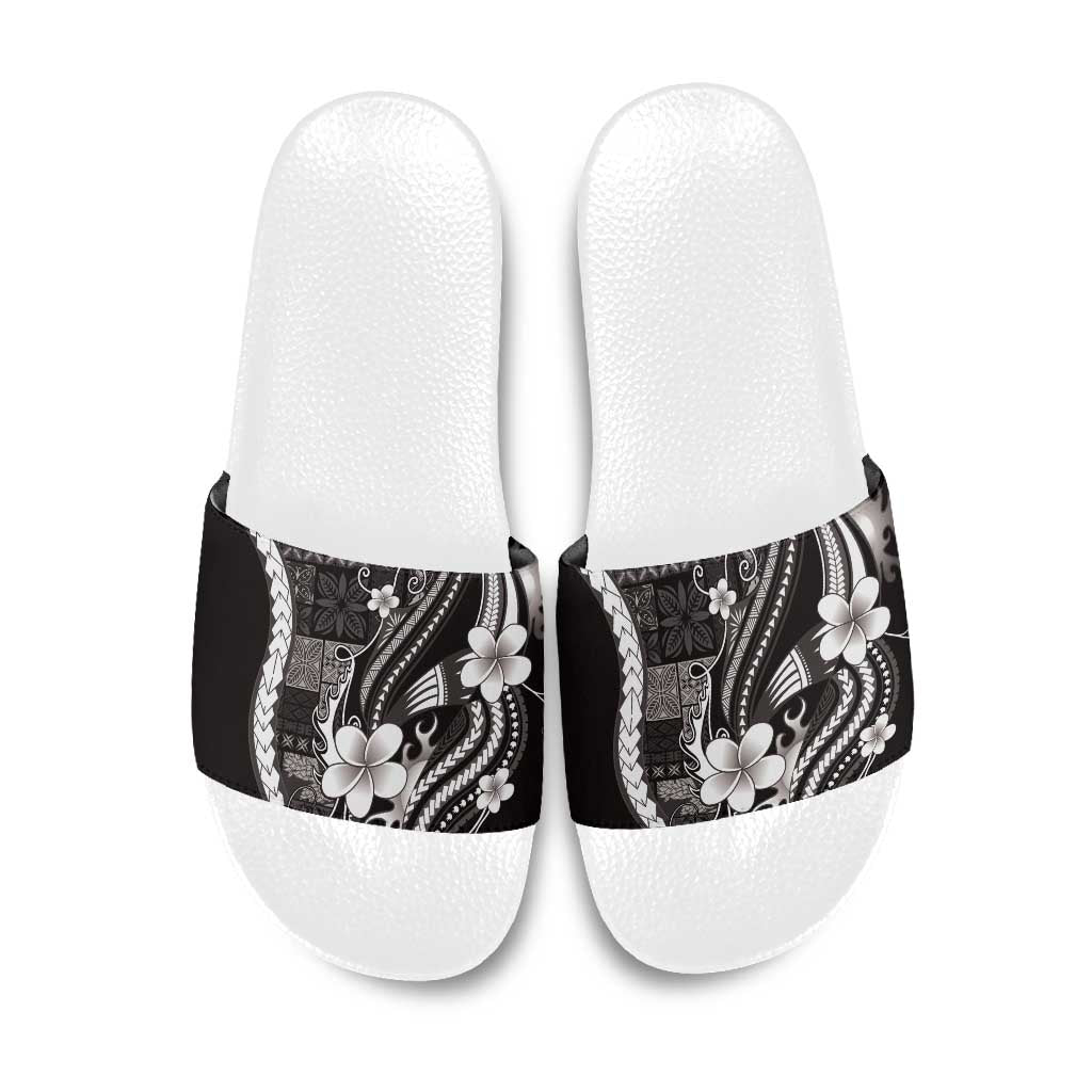 Samoa Siapo Tribal Pattern Slide Sandals Black Polynesian Plumeria Tapa Motif