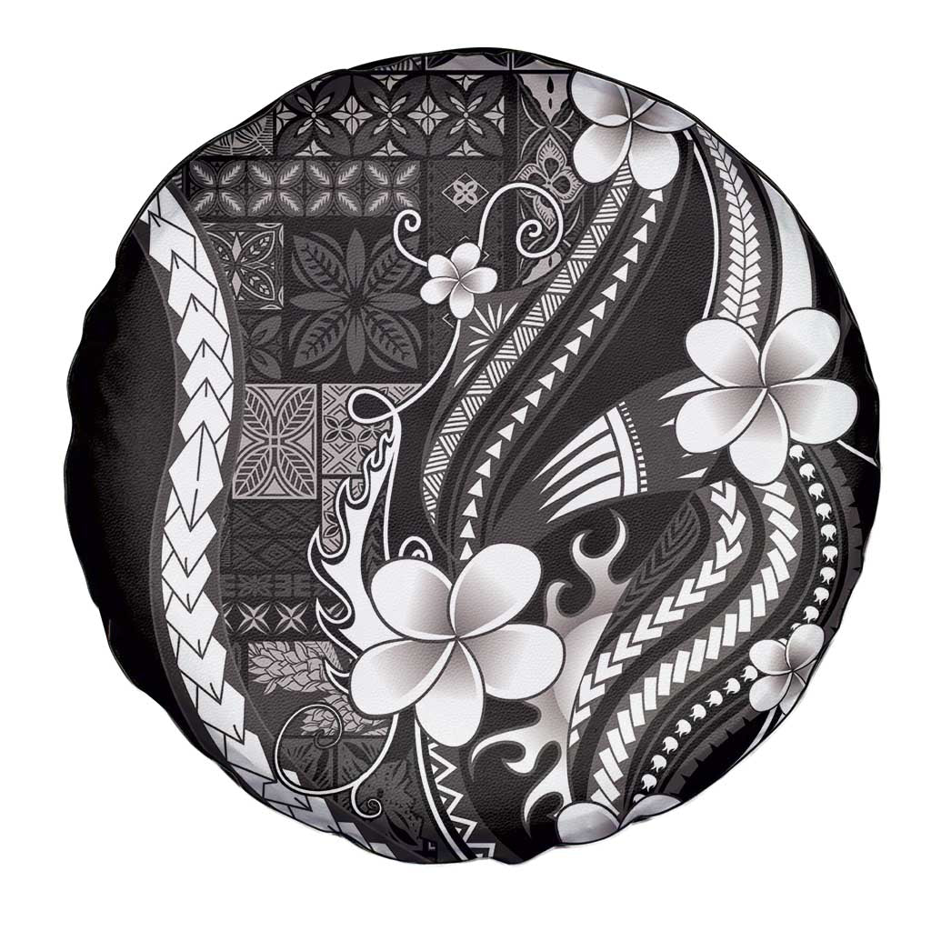 Samoa Siapo Tribal Pattern Spare Tire Cover Black Polynesian Plumeria Tapa Motif