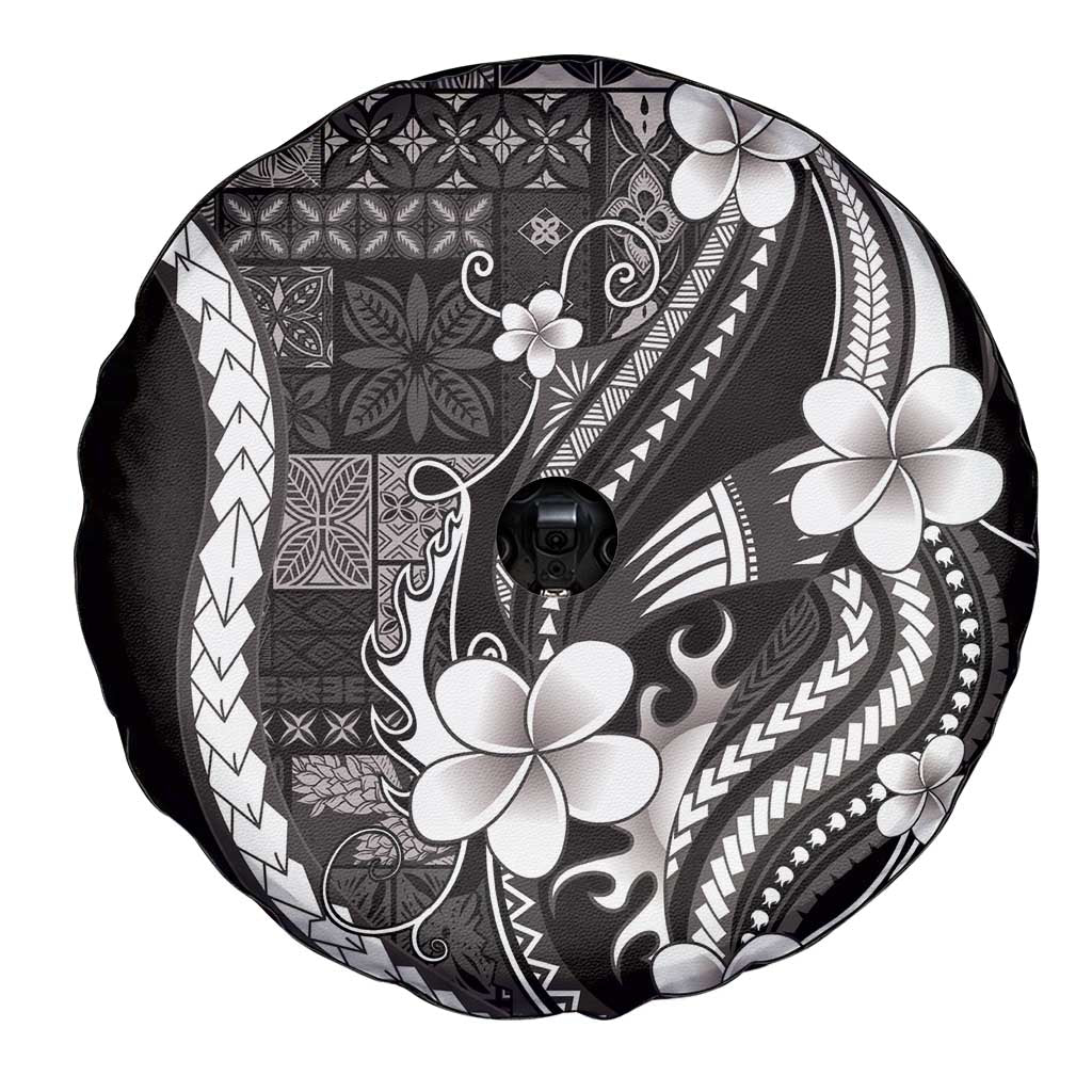 Samoa Siapo Tribal Pattern Spare Tire Cover Black Polynesian Plumeria Tapa Motif