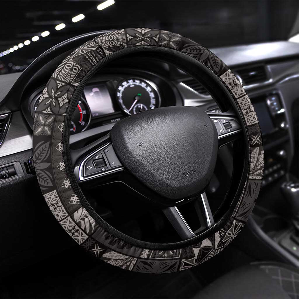 Samoa Siapo Tribal Pattern Steering Wheel Cover Black Polynesian Plumeria Tapa Motif