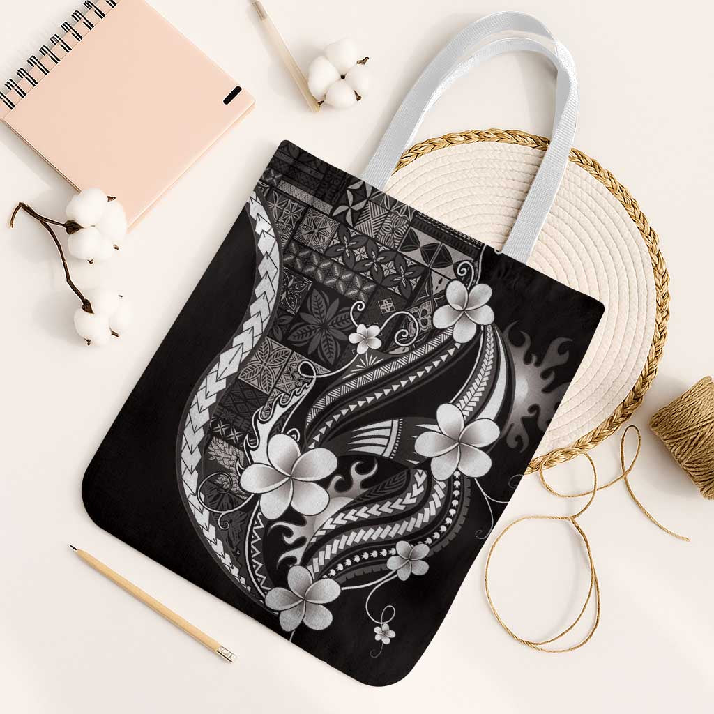 Samoa Siapo Tribal Pattern Tote Bag Black Polynesian Plumeria Tapa Motif