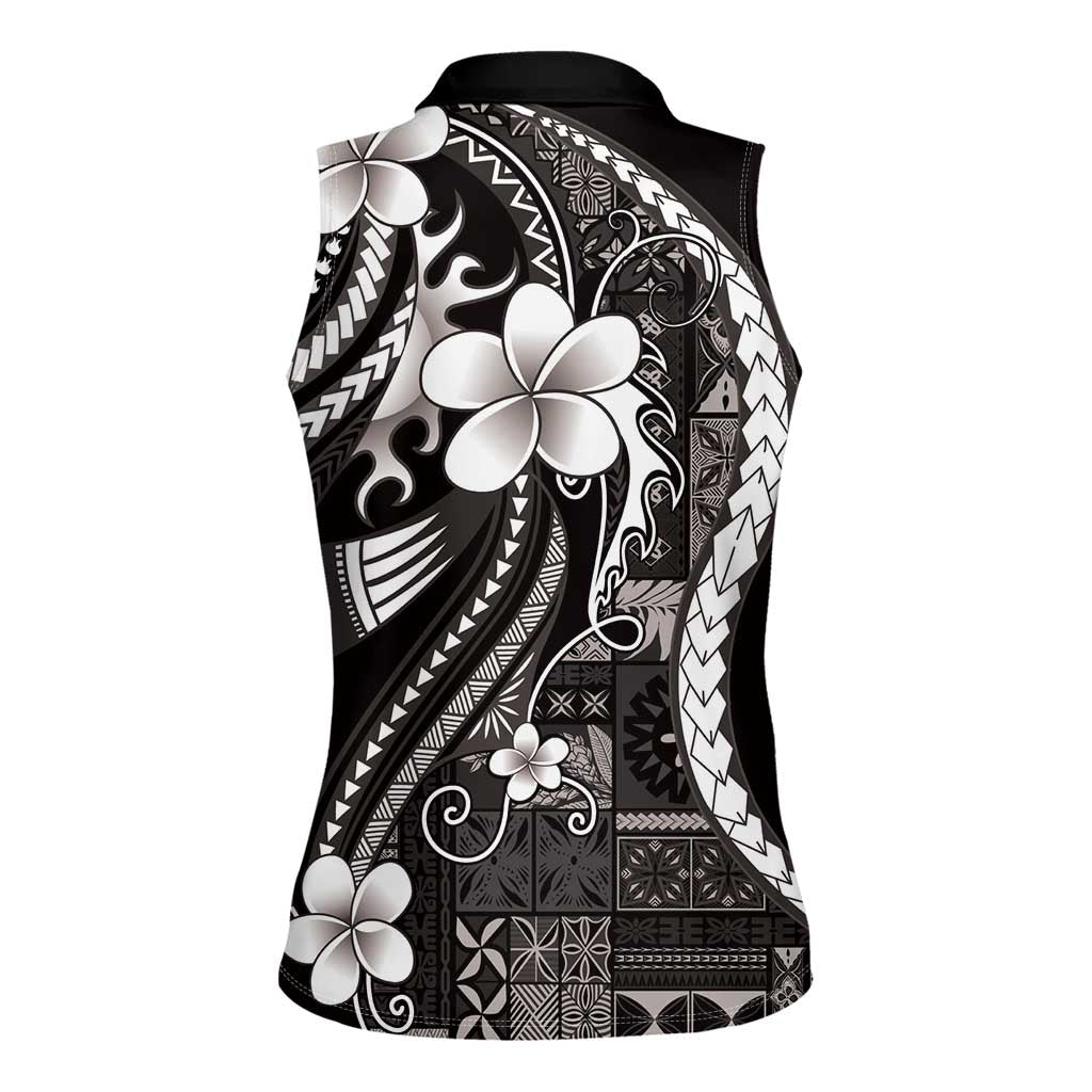 Samoa Siapo Tribal Pattern Women Sleeveless Polo Shirt Black Polynesian Plumeria Tapa Motif LT9 - Polynesian Pride
