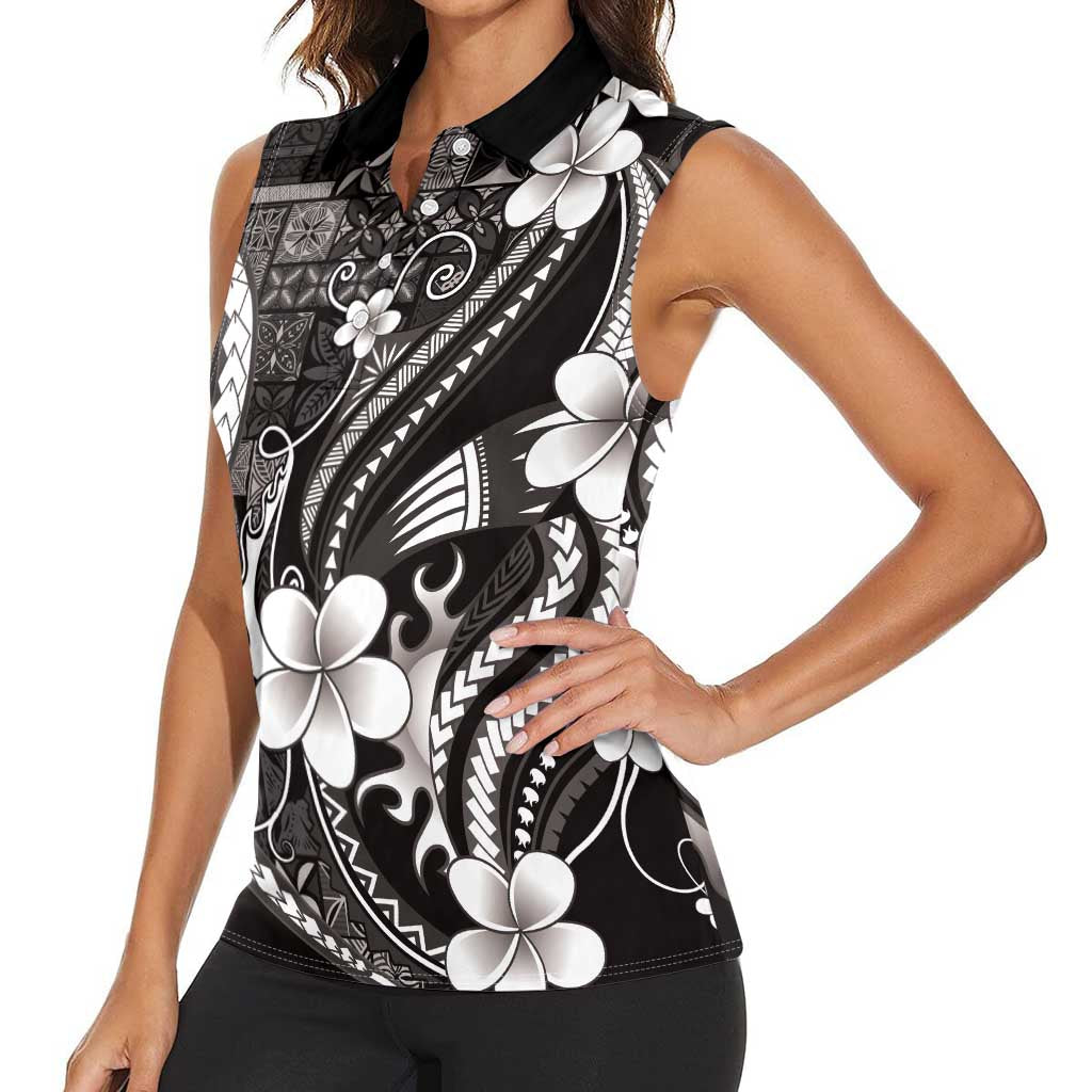 Samoa Siapo Tribal Pattern Women Sleeveless Polo Shirt Black Polynesian Plumeria Tapa Motif LT9 - Polynesian Pride