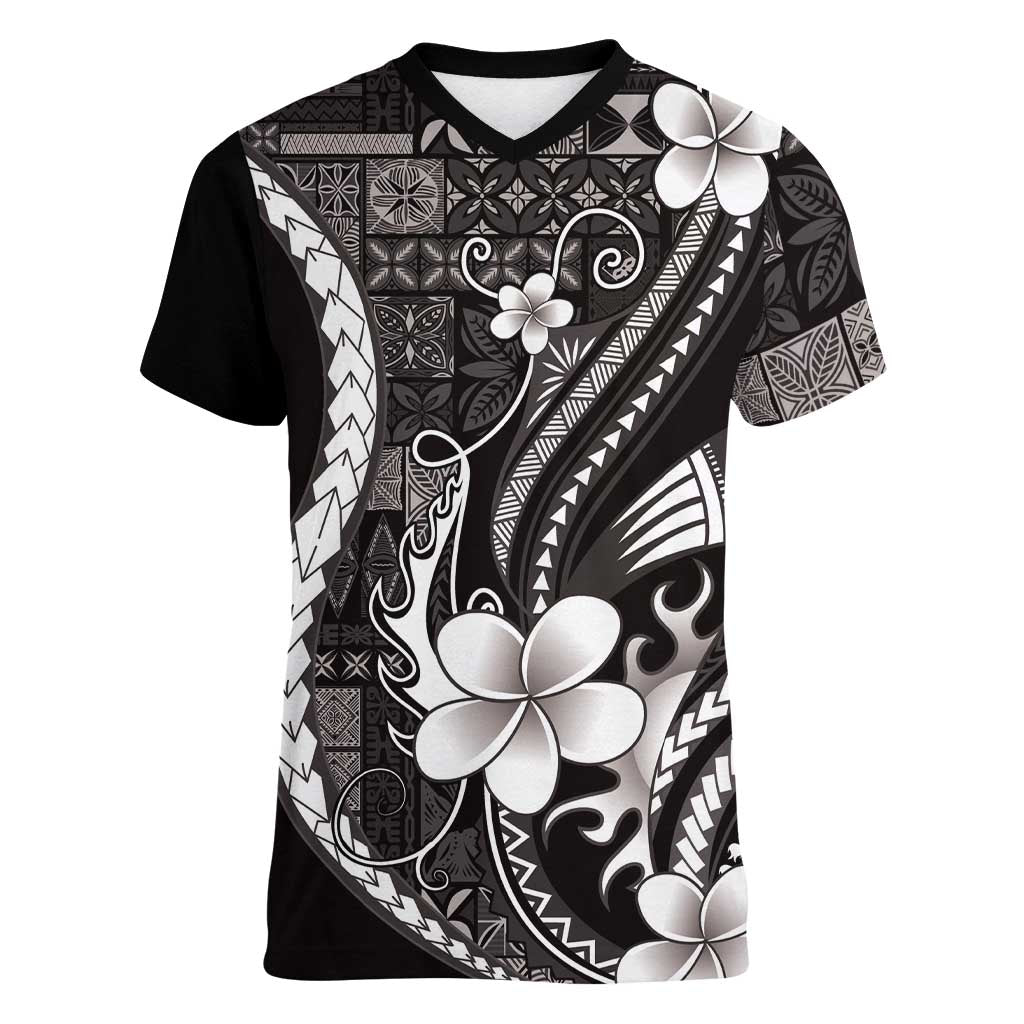 Samoa Siapo Tribal Pattern Women V-Neck T-Shirt Black Polynesian Plumeria Tapa Motif