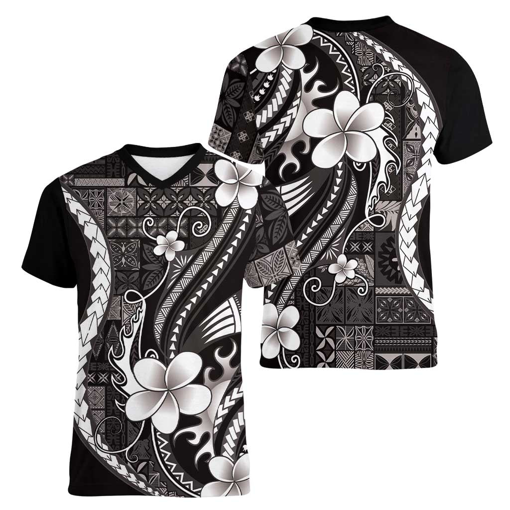 Samoa Siapo Tribal Pattern Women V-Neck T-Shirt Black Polynesian Plumeria Tapa Motif