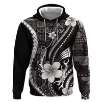 Samoa Siapo Tribal Pattern Zip Hoodie Black Polynesian Plumeria Tapa Motif