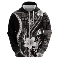 Samoa Siapo Tribal Pattern Zip Hoodie Black Polynesian Plumeria Tapa Motif