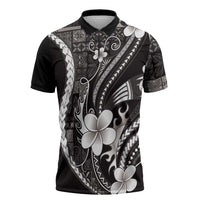 Samoa Siapo Tribal Pattern Zipper Polo Shirt Black Polynesian Plumeria Tapa Motif