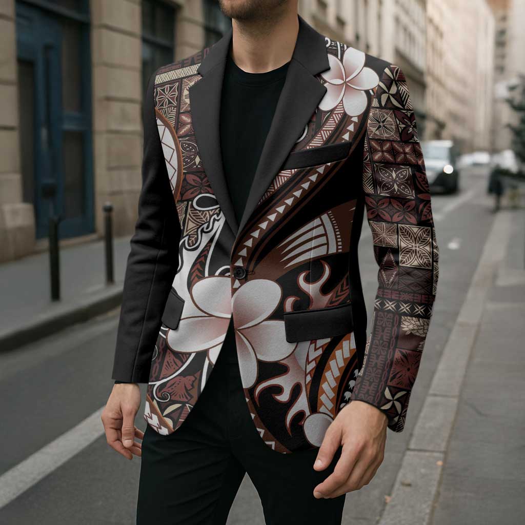 Samoa Siapo Tribal Pattern Blazer Brown Polynesian Plumeria Tapa Motif