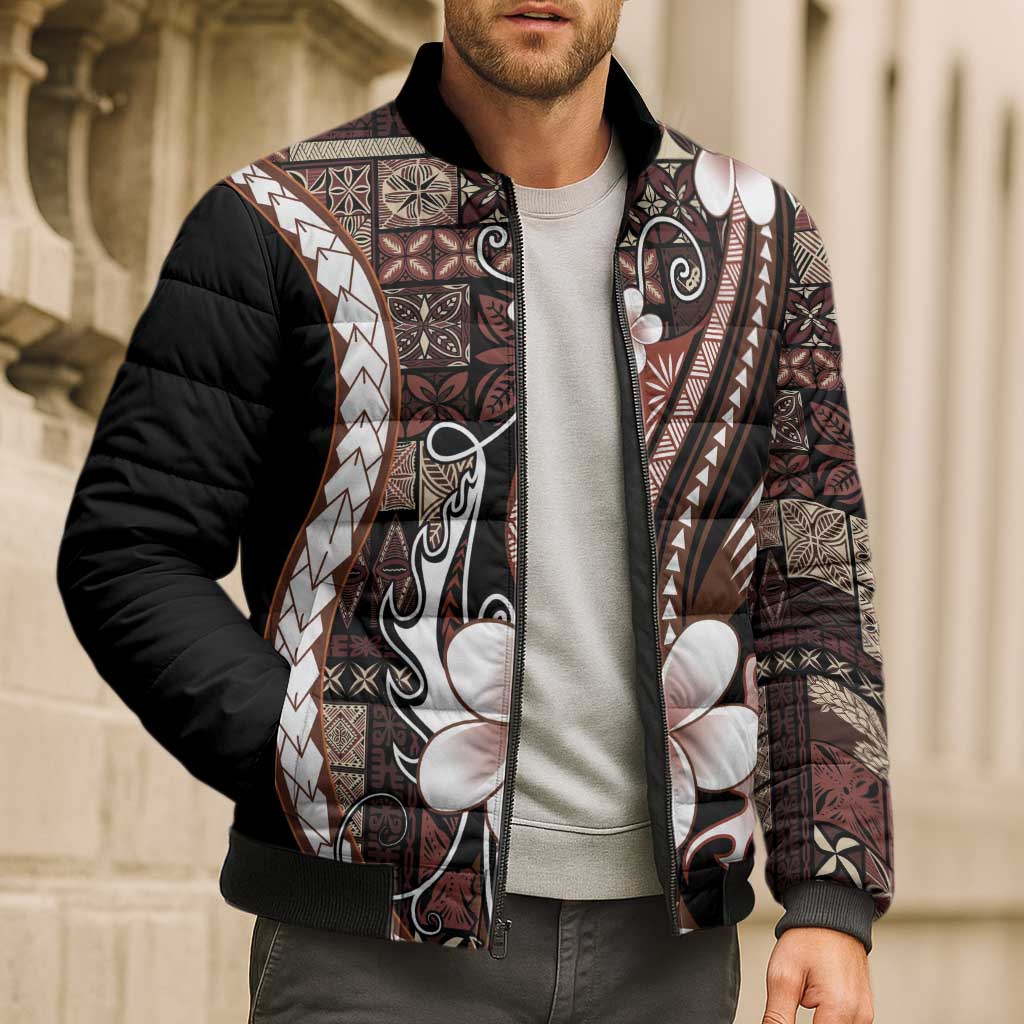 Samoa Siapo Tribal Pattern Bomber Puffer Jacket Brown Polynesian Plumeria Tapa Motif LT9 - Polynesian Pride
