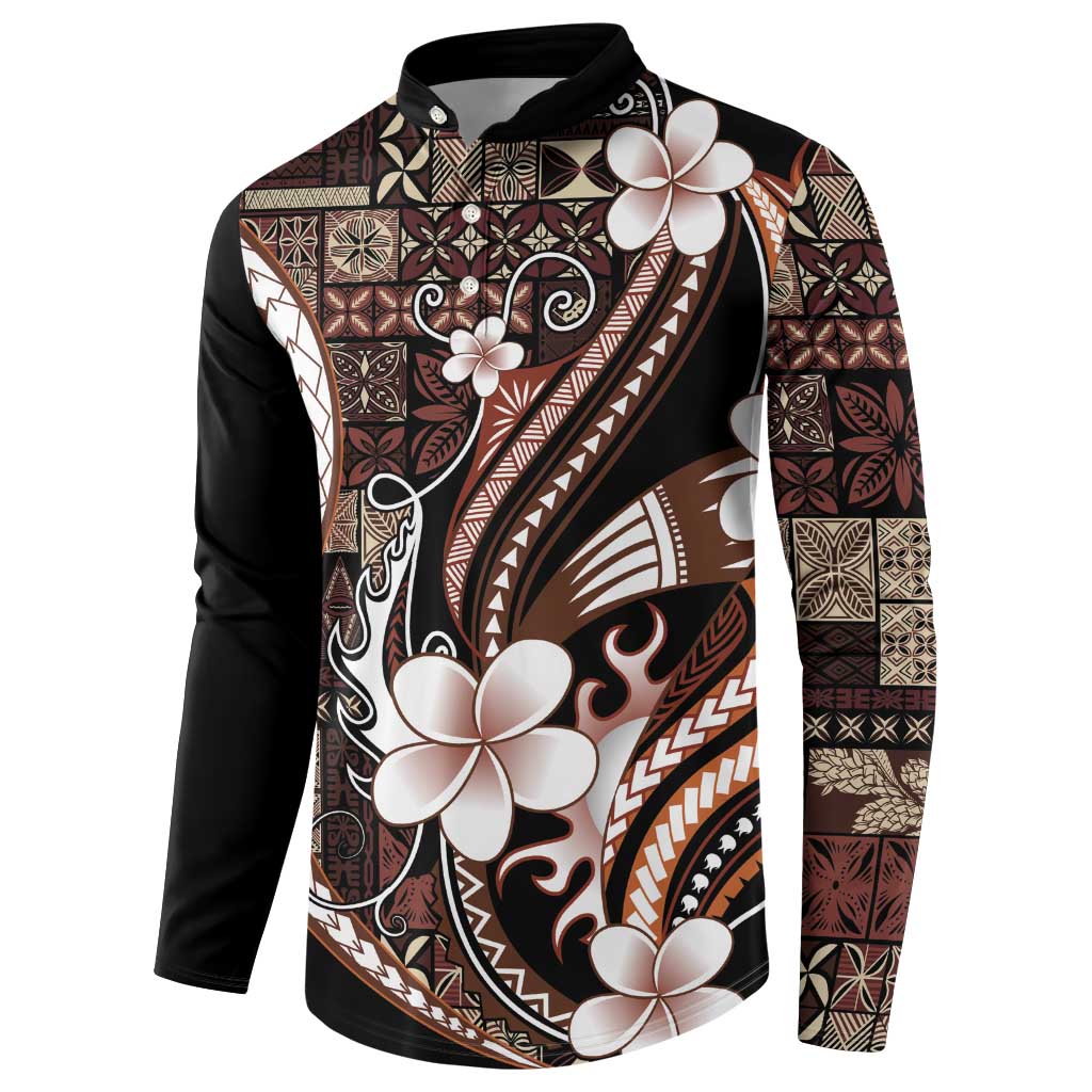 Samoa Siapo Tribal Pattern Button Sweatshirt Brown Polynesian Plumeria Tapa Motif