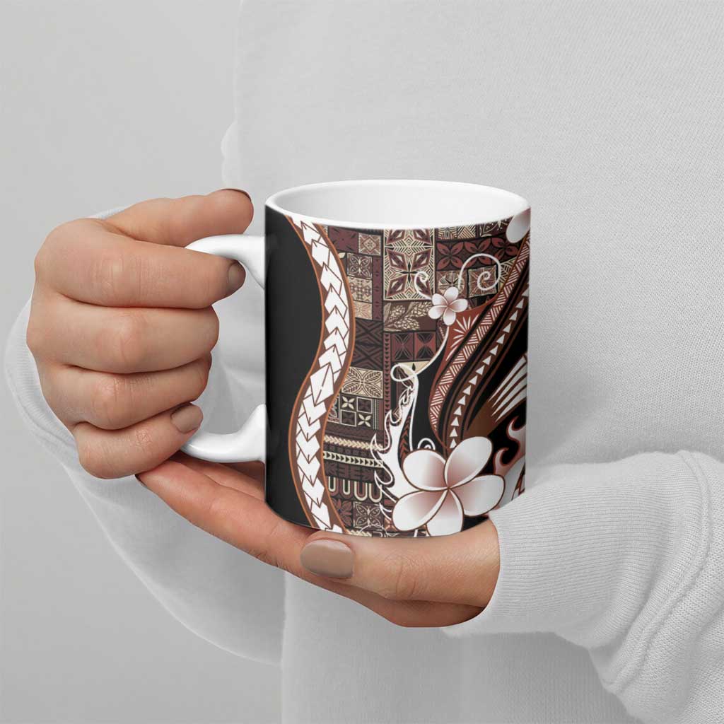 Samoa Siapo Tribal Pattern Ceramic Mug Brown Polynesian Plumeria Tapa Motif