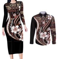 Samoa Siapo Tribal Pattern Couples Matching Long Sleeve Bodycon Dress and Long Sleeve Button Shirt Brown Polynesian Plumeria Tapa Motif LT9 Brown - Polynesian Pride