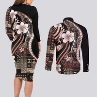 Samoa Siapo Tribal Pattern Couples Matching Long Sleeve Bodycon Dress and Long Sleeve Button Shirt Brown Polynesian Plumeria Tapa Motif LT9 - Polynesian Pride