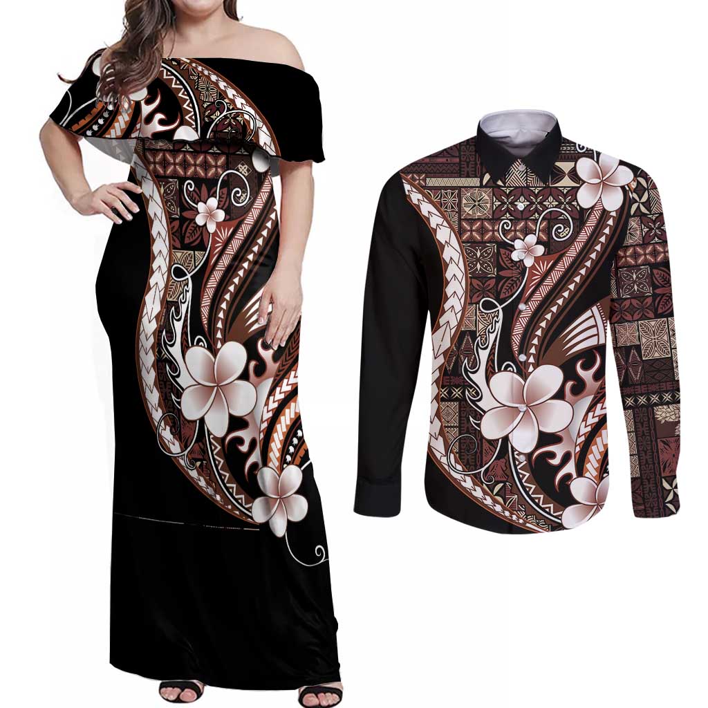 Samoa Siapo Tribal Pattern Couples Matching Off Shoulder Maxi Dress and Long Sleeve Button Shirt Brown Polynesian Plumeria Tapa Motif LT9 Brown - Polynesian Pride