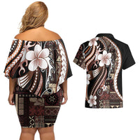 Samoa Siapo Tribal Pattern Couples Matching Off Shoulder Short Dress and Hawaiian Shirt Brown Polynesian Plumeria Tapa Motif LT9 - Polynesian Pride