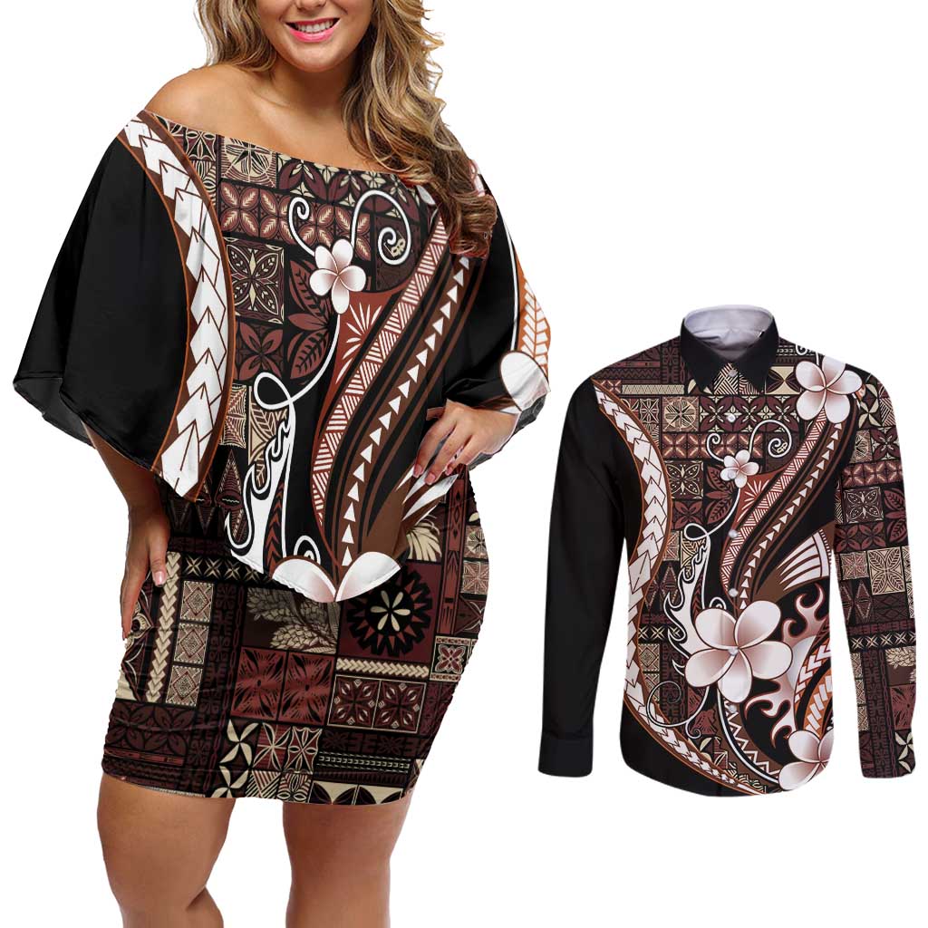 Samoa Siapo Tribal Pattern Couples Matching Off Shoulder Short Dress and Long Sleeve Button Shirt Brown Polynesian Plumeria Tapa Motif LT9 Brown - Polynesian Pride