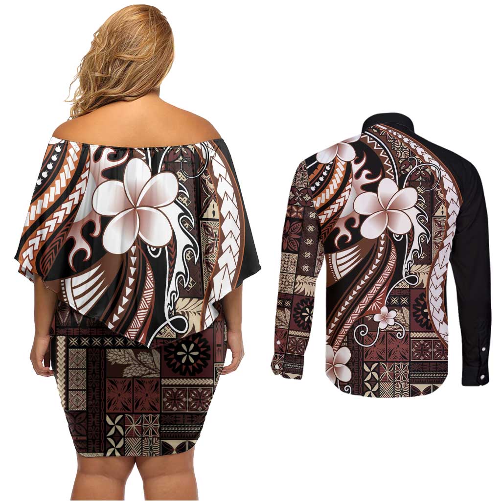 Samoa Siapo Tribal Pattern Couples Matching Off Shoulder Short Dress and Long Sleeve Button Shirt Brown Polynesian Plumeria Tapa Motif LT9 - Polynesian Pride