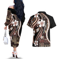 Samoa Siapo Tribal Pattern Couples Matching Off The Shoulder Long Sleeve Dress and Hawaiian Shirt Brown Polynesian Plumeria Tapa Motif LT9 - Polynesian Pride