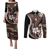 Samoa Siapo Tribal Pattern Couples Matching Puletasi and Long Sleeve Button Shirt Brown Polynesian Plumeria Tapa Motif