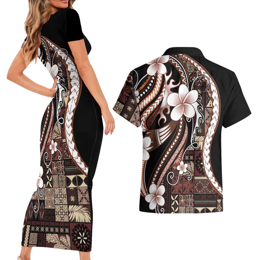 Samoa Siapo Tribal Pattern Couples Matching Short Sleeve Bodycon Dress and Hawaiian Shirt Brown Polynesian Plumeria Tapa Motif LT9 - Polynesian Pride