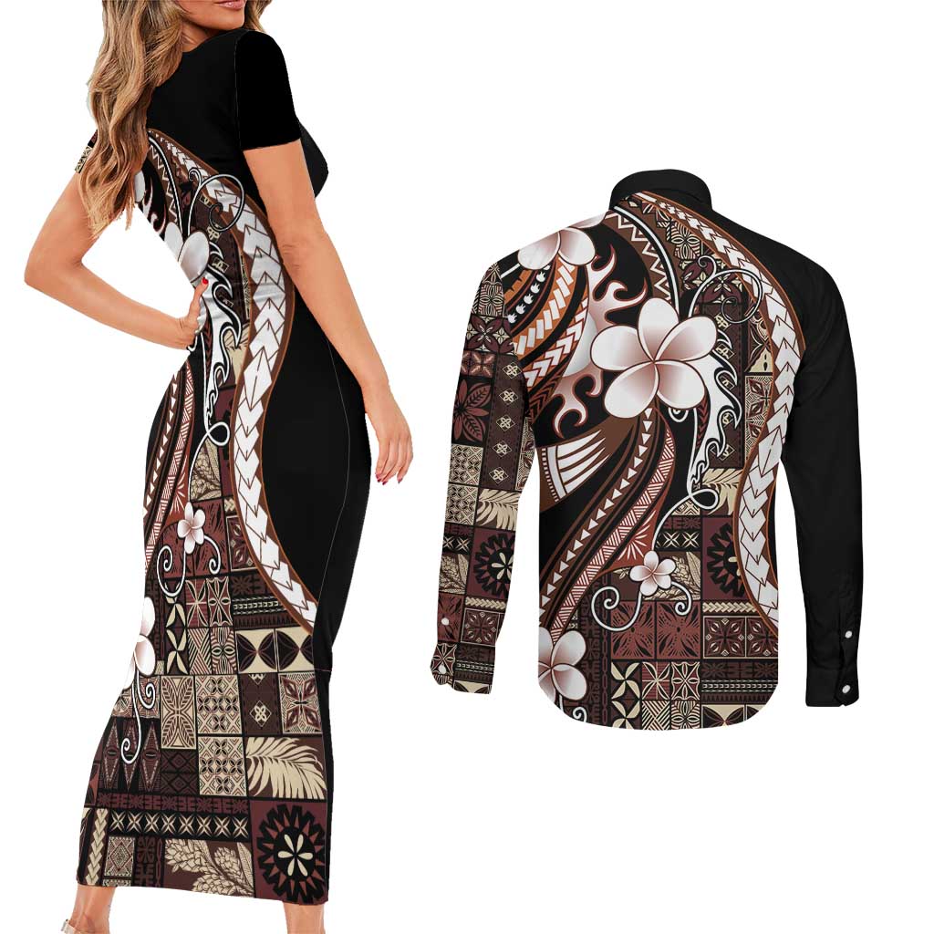 Samoa Siapo Tribal Pattern Couples Matching Short Sleeve Bodycon Dress and Long Sleeve Button Shirt Brown Polynesian Plumeria Tapa Motif LT9 - Polynesian Pride