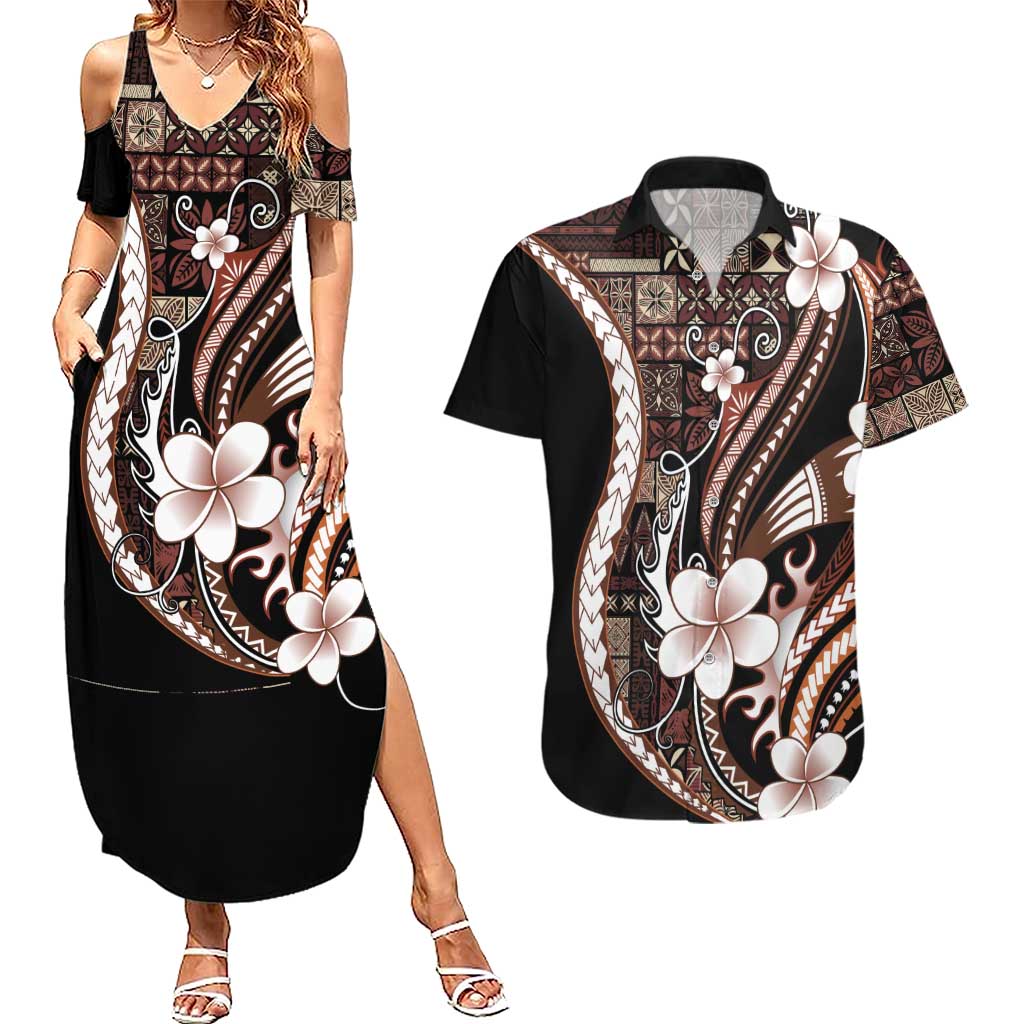 Samoa Siapo Tribal Pattern Couples Matching Summer Maxi Dress and Hawaiian Shirt Brown Polynesian Plumeria Tapa Motif LT9 Brown - Polynesian Pride