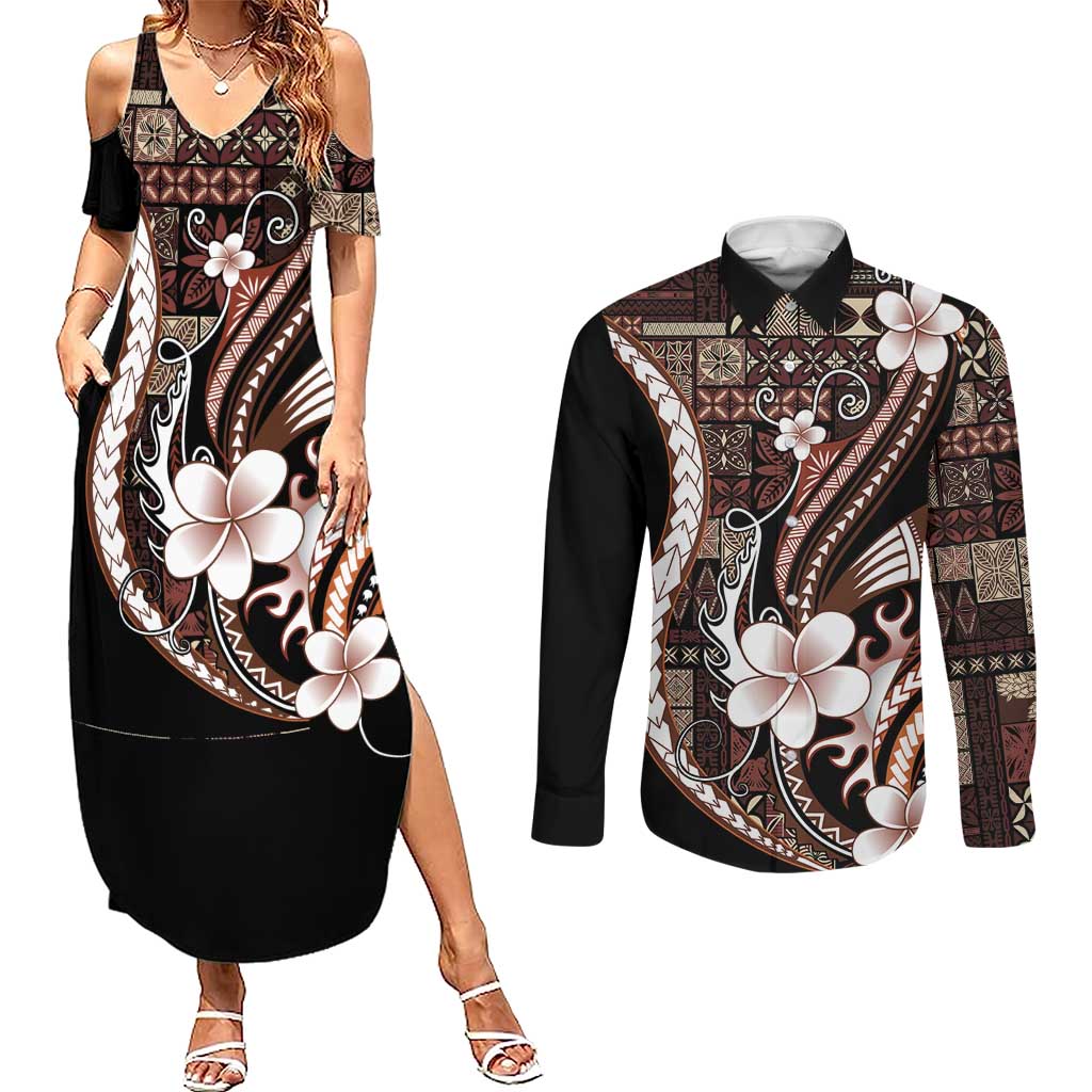 Samoa Siapo Tribal Pattern Couples Matching Summer Maxi Dress and Long Sleeve Button Shirt Brown Polynesian Plumeria Tapa Motif LT9 Brown - Polynesian Pride