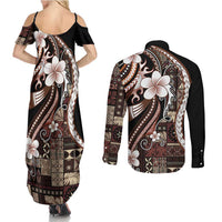 Samoa Siapo Tribal Pattern Couples Matching Summer Maxi Dress and Long Sleeve Button Shirt Brown Polynesian Plumeria Tapa Motif LT9 - Polynesian Pride