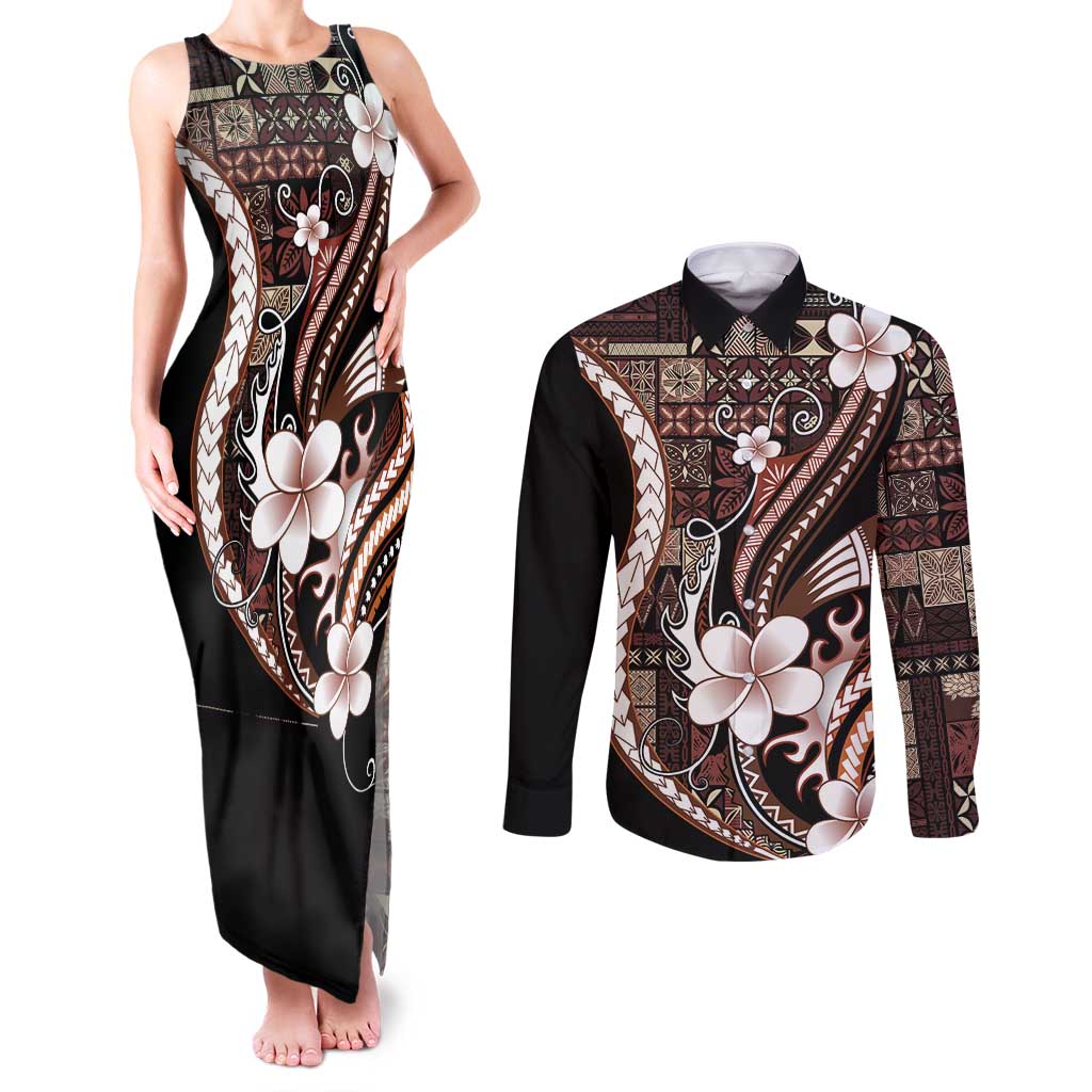 Samoa Siapo Tribal Pattern Couples Matching Tank Maxi Dress and Long Sleeve Button Shirt Brown Polynesian Plumeria Tapa Motif