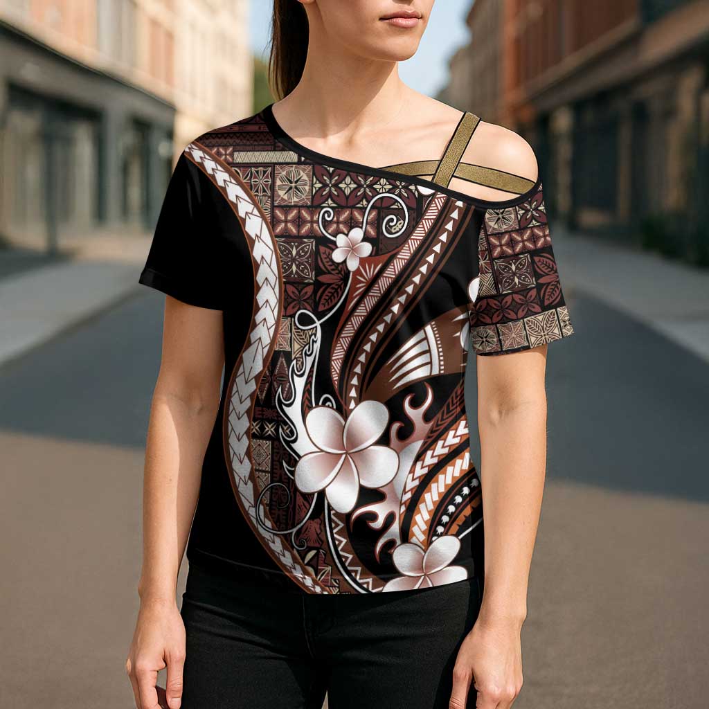 Samoa Siapo Tribal Pattern Cross Shoulder Shirt Brown Polynesian Plumeria Tapa Motif