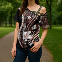 Samoa Siapo Tribal Pattern Cross Shoulder Shirt Brown Polynesian Plumeria Tapa Motif