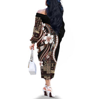Samoa Siapo Tribal Pattern Family Matching Off The Shoulder Long Sleeve Dress and Hawaiian Shirt Brown Polynesian Plumeria Tapa Motif LT9 - Polynesian Pride