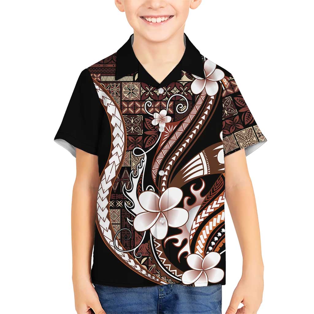Samoa Siapo Tribal Pattern Family Matching Off The Shoulder Long Sleeve Dress and Hawaiian Shirt Brown Polynesian Plumeria Tapa Motif LT9 Son's Shirt Brown - Polynesian Pride